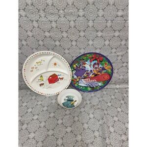 3- Vintage Kids Plate Bowl Lot Divided Cookie Monster Ronald McDonald ABCs Child